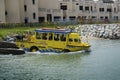 Famous duck tours attraction with an amphibious vehicle that can operate both as a bus and as a boat.