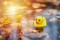 Duck toy in autumn puddle with leaves Royalty Free Stock Photo