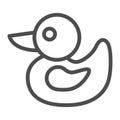 Duck toy line icon, childhood concept, rubber duckling toy sign on white background, bath toy icon in outline style for