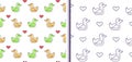 Duck Toy outline seamless patterns, collection of 2. Cute bird decorative silhouettes, heart shapes. Transparent Royalty Free Stock Photo