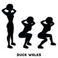 Duck walks. Squat. Sport exersice. Silhouettes of woman doing exercise. Workout, training Royalty Free Stock Photo