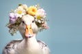 Duck wearing a crown of floral fresh pastel spring wreath flowers