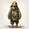 Vintage Watercolored Duck In Military Style Parka - Concept Art Illustration