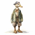 Hyperrealistic Fantasy Illustration Of A Duck In A Blue Jacket And Hat