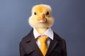 Duckling in a suit and tie on a blue background. Anthropomorphic animals concept