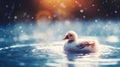 Duckling swimming in a serene pond at sunset