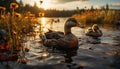 Duckling swimming in tranquil pond, reflecting the beauty of nature generated by AI Royalty Free Stock Photo