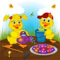 Ducklings boy and girl watering flowers