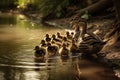Ducklings Following Their Mother Across A Pond. Generative AI