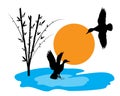 Bamboo Tree Illustration And Ducks Silhouettes On Sunset, Vector. Swamp Life Cartoon Illustration