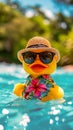 Ducks dressed in a Hawaiian shirt, beach shorts, hat, sunglasses Paddling in inflatable kiddie pool