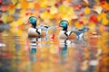 ducks beside floating autumn leaves