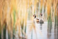 ducks following a trail next to tall reeds