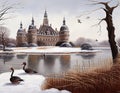 Ducks in front of a castle in winter..Ducks in front of a castle in winter Royalty Free Stock Photo