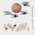 Ducks, geese fly into bright sun.Autumn forest, clouds in sky on white background with black birds. Minimalistic pattern