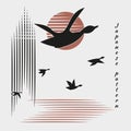 Ducks, geese fly into bright sun. Sea, clouds in sky on white background with black birds. Minimalistic pattern in Japanese style