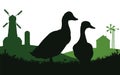 Ducks graze in pasture. Picture silhouette. Farm pets. Domestic poultry. Rural landscape with farmer house. Isolated on