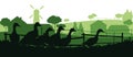 Ducks graze in pasture. Picture silhouette. Farm pets. Domestic poultry. Rural landscape with farmer house. Isolated on