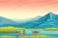 Ducks, lake, mountains and autumn landscape.