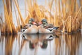 ducks nestled in pondside reeds