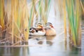 ducks nestled in pondside reeds