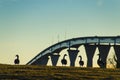 Ducks at sunset against the Gov Thomas Johnson Bridge Royalty Free Stock Photo