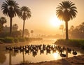Ducks swimming on calm lake with palm trees backlit by sunrise Royalty Free Stock Photo