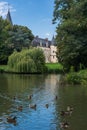 Ducks swimming in the pond with the castle of ThÃÂ©mÃÂ©ricourt in