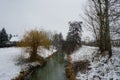 Ducks on the water in winter. Snow in the vicinity of the Wuhle River in January. Marzahn-Hellersdorf, Berlin, Germany. Royalty Free Stock Photo