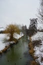 Ducks on the water in winter. Snow in the vicinity of the Wuhle River in January. Marzahn-Hellersdorf, Berlin, Germany. Royalty Free Stock Photo