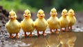Ducks wearing tiny rain boots marching in single file through a muddy puddle. A line of ducks, each wearing comically small, Royalty Free Stock Photo