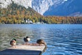 Ducks on wooden dock at Hallstatt lake