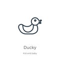 Ducky icon. Thin linear ducky outline icon isolated on white background from kid and baby collection. Line vector ducky sign,