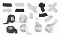 Duct tape rolls. Realistic black and silver adhesive ribbon. 3D torn pieces of sticky scotch. Bandage patches and round reels set