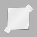 Duct taped empty white note paper sheet to post message, realistic mock-up. Blank announcement on bulletin board, vector mockup Royalty Free Stock Photo