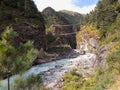 Dudh Koshi River, with twin suspension bridges in the background, just below Namche Bazaar town, Sagarmatha National Park, Nepal Royalty Free Stock Photo
