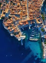 Dudrovnik, Croatia. Aerial view on the old town. Vacation and adventure. Top view from drone at on the old castle and azure sea. Royalty Free Stock Photo