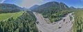 Due to the hot and dry summer and the climate change, the river bed of the Loisach in Bavaria is almost dried out, panorama from Royalty Free Stock Photo