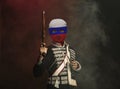 Duel challenge. Young men, art character in vintage outfit and balaclava on dark background. Concept of comparison of