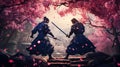 Duel of samurai warriors with swords in the garden of sakura blossom