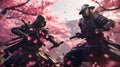 Duel of samurai warriors with swords in the garden of sakura blossom. Generated AI.