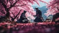 Duel of samurai warriors with swords in the garden of sakura blossom. Generated AI.