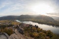 DUERNSTEIN CASTLE AND VILLAGE WITH DANUBE RIVER IN AUSTRIA