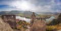 DUERNSTEIN CASTLE AND VILLAGE WITH DANUBE RIVER IN AUSTRIA