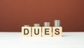 dues text on wooden blocks with coins on brown background