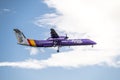 Duesseldorf , Germany - October 05 2017: Flybe Bombadier Dash 8 Q400 landing at Dusseldorf Airport Royalty Free Stock Photo