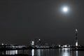 Duesseldorf and the Rhine Tower under the full moon in black and white Royalty Free Stock Photo