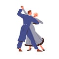 Duet ballroom dance. Couple dancers, man in suit, tailcoat and woman in elegant dress in foxtrot movement. Classic retro