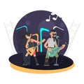 Duet of musicians with bass guitar and lead singer with a guitar on stage color flat illustration