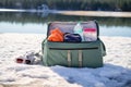 duffel bag filled with towels and swim gear on ice